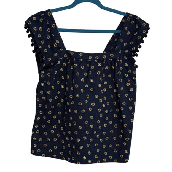 J. Crew Womens Floral PomPom Trim Cotton Blend Square Neck Top NavyYellow Size 4 - Picture 1 of 6
